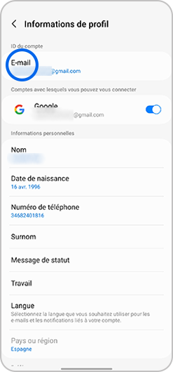 Aperçu des informations du profil d'un compte Samsung sur un smartphone
