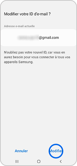 Aperçu de la modification de l'email d'un compte Samsung sur un smartphone