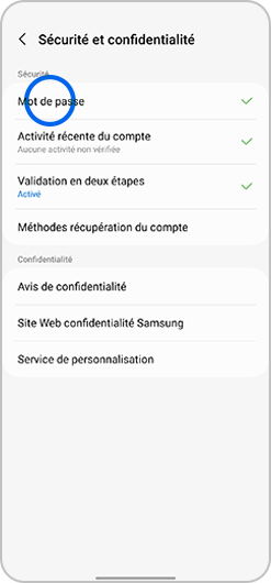 Aperçu de la section Sécurité et confidentialité d'un compte Samsung sur un smartphone