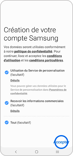 Aperçu des conditions générales de la création d'un compte Samsung sur smartphone