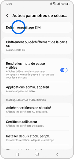 Image du menu des Autres paramètres de sécurité avec Définir verrouillage SIM en surbrillance