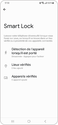 Les trois options de Smart Lock sur un smartphone Samsung