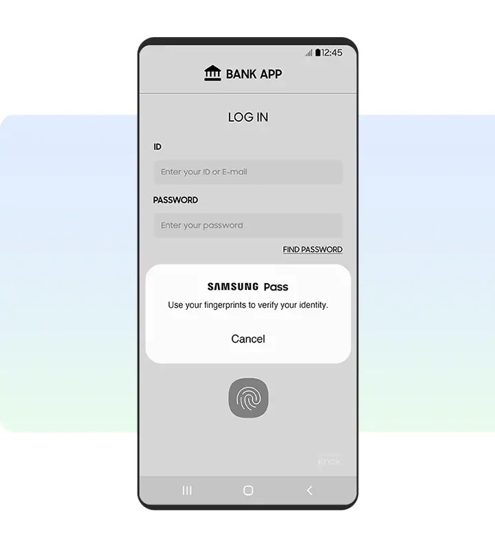 Captura de pantalla de un mensaje emergente de Samsung Pass en el que se solicita la autenticación de la huella dactilar para iniciar sesión en una aplicación bancaria.