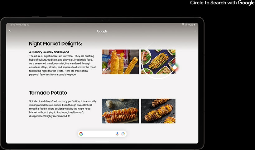 Galaxy Tab S9+ en modo horizontal con una página web abierta sobre la comida del mercado nocturno. En la parte superior derecha de la página hay dos imágenes de papa tornado. La imagen del extremo derecho está encerrada en un círculo, utilizando la función Busca con un círculo. En la parte inferior de la página hay más información sobre el objeto encerrado en un círculo, la papa tornado.