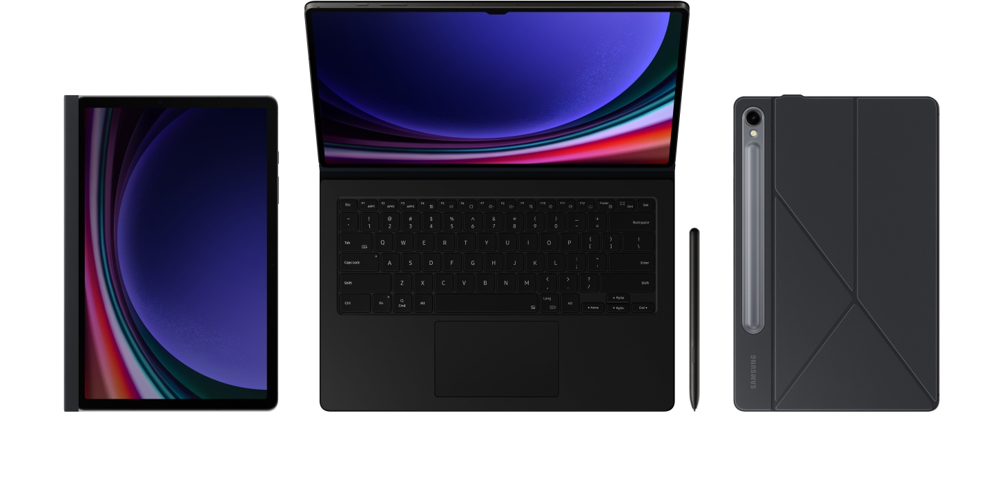 Un dispositivo de la serie Galaxy Tab S9 con una Book Cover Keyboard puesta desplegándose para que la pantalla y el teclado sean visibles. El S Pen aparece desde la parte inferior. Otro dispositivo de la serie Galaxy Tab S9 con la Book Cover inteligente puesta aparece desde la derecha. Otro dispositivo de la serie Galaxy Tab S9 con la pantalla de privacidad activada aparece desde la izquierda.