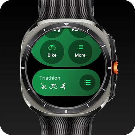 Un Galaxy Watch Ultra que muestra la función de seguimiento del ejercicio. En la parte superior, un ícono de ciclismo con el texto Bicicleta, y un ícono de menú con el texto Más. En el medio, el texto Triatlón y debajo los iconos de natación, ciclismo y carrera. A la derecha se encuentra el ícono de menú. En la parte inferior, el texto ruta de playa 380, el ícono de ciclismo con el texto 34,5 kilómetros y ícono de menú a la derecha.
