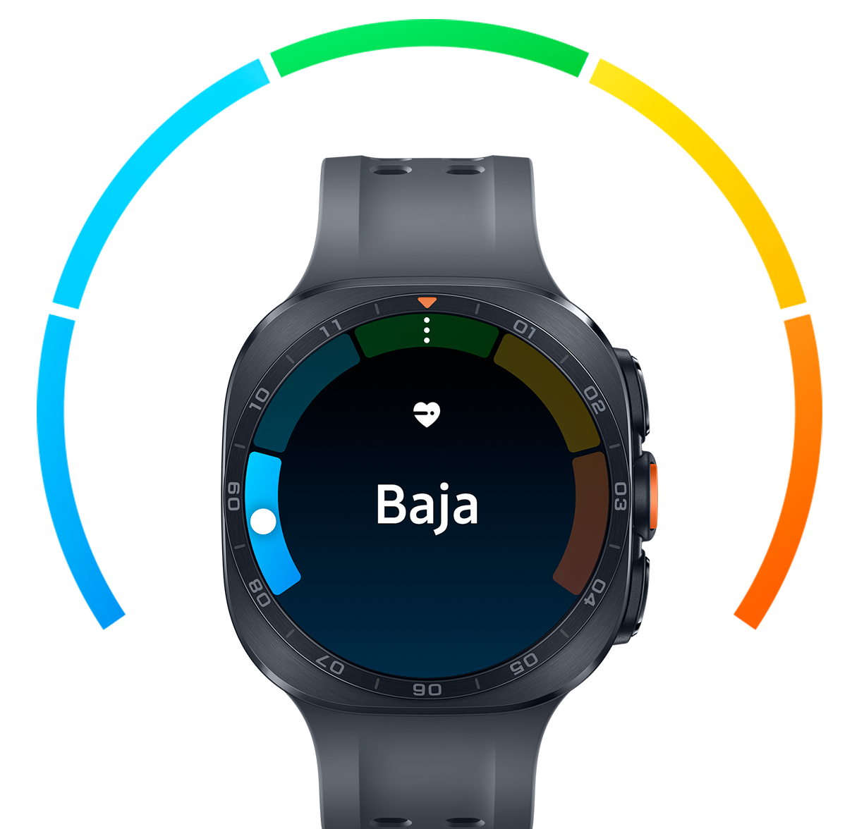 Galaxy Watch Ultra2 en Titanium Gray con una correa Marine en Black, mostrado de frente con la interfaz de seguimiento cardiovascular en la pantalla con barras de colores y el texto “Más bajo” con la barra azul resaltada.