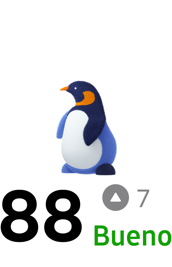 A penguin character, one of eight animals representing sleep type, shown with a Good Sleep score of 88 and 7 points up from the day before.