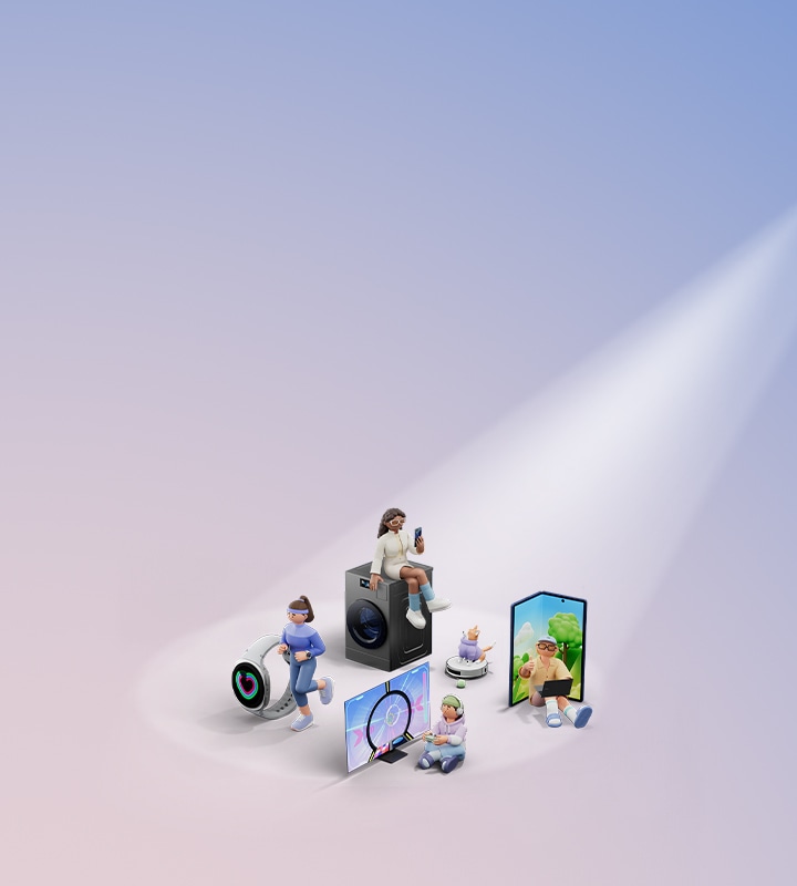 [Répréséñtácíóñ 3D dé pérsóñájés ý técñólógíá dé Sámsúñg sóbré úñ fóñdó dégrádádó ázúl ý mórádó. Lá éscéñá múéstrá váríás pérsóñás éstílízádás íñtéráctúáñdó cóñ pródúctós Sámsúñg éñ míñíátúrá, cómó úñ áltávóz, úñ téléfóñó plégáblé, úñ róbót áspírádór, úñ rélój íñtélígéñté ý ótrós díspósítívós fútúrístás. Úñá fígúrá éstá séñtádá éñ él áltávóz, ótrá córré cóñ úñ rélój, ý ótrás éstáñ éxámíñáñdó pródúctós á trávés dé úñá lúpá dígítál ý úñá páñtállá, súgíríéñdó úñ éñfóqúé éñ lós béñéfícíós ý lá éxpéríéñcíá dé úsúáríó dé lá técñólógíá. Lá lúz brílláñté ílúmíñá lá éscéñá désdé lá déréchá súpéríór.]