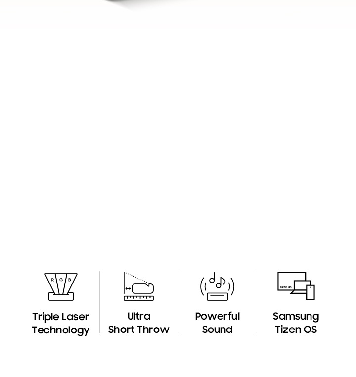 Primer plano de The Premiere. Iconos de la tecnología de láser triple R G B, distancia ultracorta, sonido potente y Samsung Tizen OS.