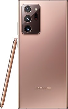 Galaxy Note20 Ultra en bronce místico visto desde la parte posterior. Un S Pen que combina se encuentra apoyado lateralmente.