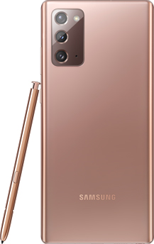 Galaxy Note20 en bronce místico visto desde la parte posterior. Un S Pen que combina se encuentra apoyado lateralmente.