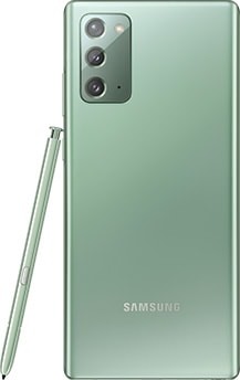 Galaxy Note20 en verde místico visto desde la parte posterior. Un S Pen que combina se encuentra apoyado lateralmente.