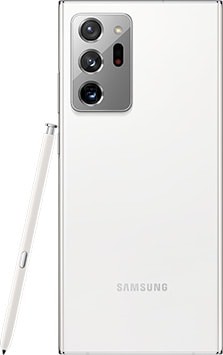 Galaxy Note20 Ultra en blanco místico visto desde la parte posterior. Un S Pen que combina se encuentra apoyado lateralmente.