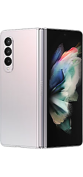 Un Galaxy Z Fold3 5G en color plateado fantasma, visto desde la parte posterior.