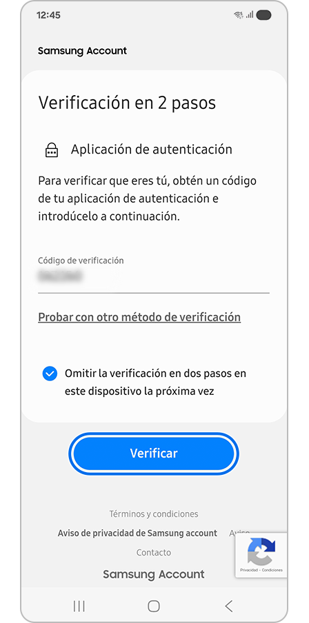Ingresar el código OTP y tocar el botón Verificar