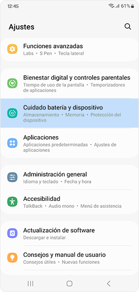 Battery and device care in Settings tab 