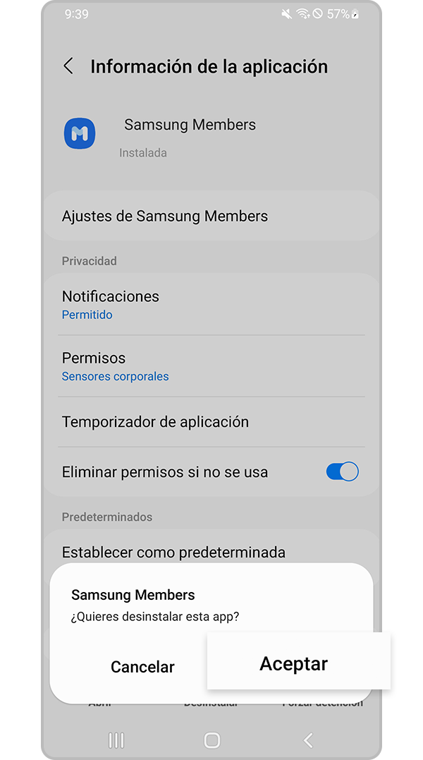 Toque Aceptar para eliminar la aplicación