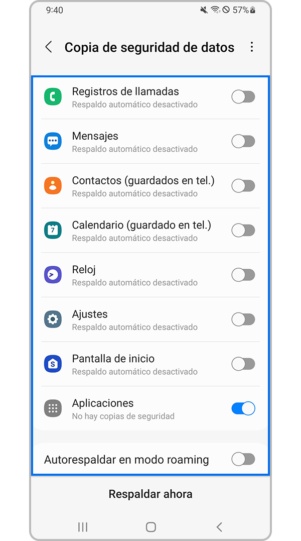  Seleccione el tipo de datos para cargar en Samsung Cloud