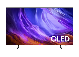 Un televisor Samsung OLED S85H muestra un paisaje abstracto en tonos azules y rojos en la pantalla.