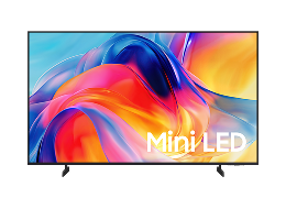 Un televisor Samsung Mini LED M70H muestra un diseño abstracto azul, rojo y naranjo en la pantalla.
