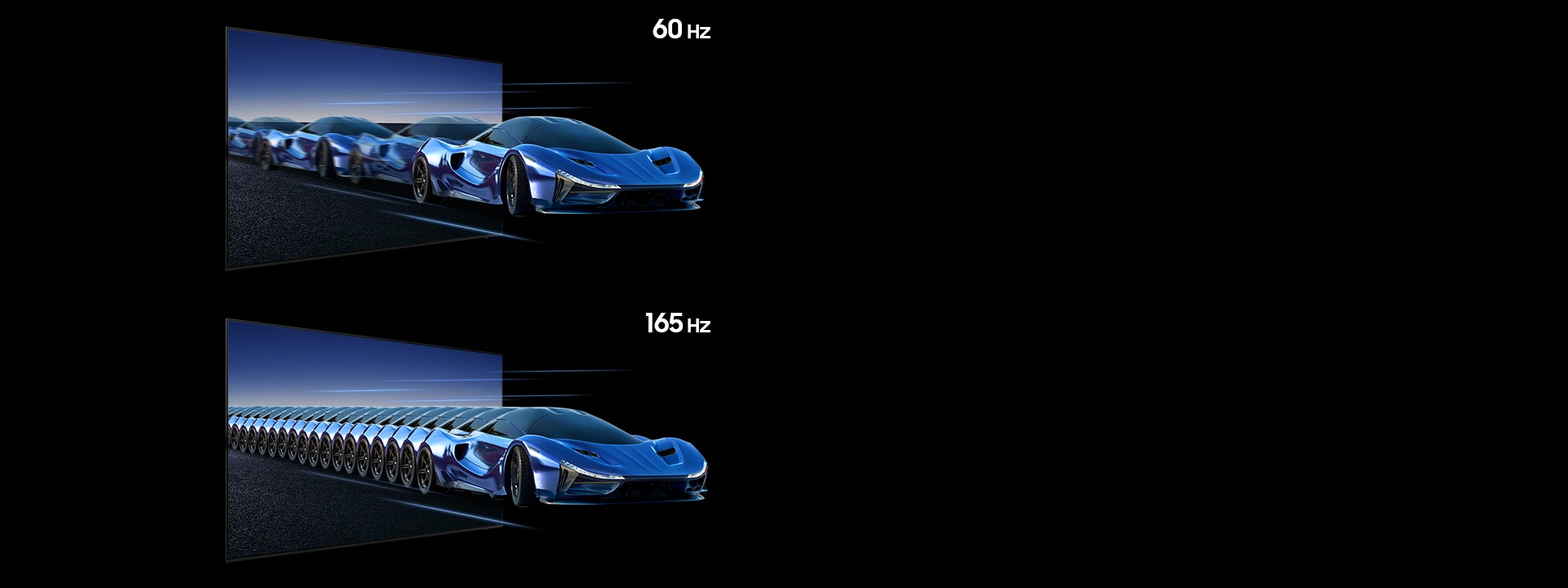 Comparación dividida que demuestra Motion Xcelerator de 165 Hz. La sección superior, etiquetada como 60 Hz, muestra un auto deportivo azul en movimiento con un desenfoque visible y menos cuadros repetidos detrás de él, lo que indica una menor frecuencia de actualización. La sección inferior, etiquetada como 165 Hz, muestra el mismo auto con muchas más instancias de movimiento estrechamente alineadas, lo que crea un movimiento más suave y claro, con menos desenfoque y detalles más nítidos a alta velocidad.