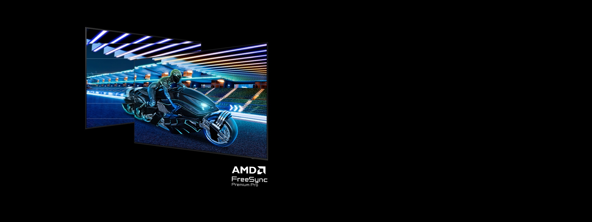 Dos pantallas de juego superpuestas muestran a un piloto futurista en una motocicleta elegante con luces de neón que corre por un estadio muy iluminado por la noche. La pantalla izquierda muestra una fragmentación de pantalla visible. La pantalla derecha muestra la misma escena renderizada de forma fluida y sin interrupciones, sin fragmentación ni distorsión. El logotipo de AMD FreeSync Premium Pro destaca un RENDIMIENTO de juego receptivo y sin cortes de imagen.