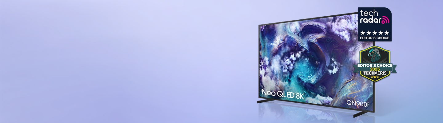 Un QN900F Neo QLED 8K con el logotipo de ELECCIÓN DEL EDITOR de TechRadar y de ELECCIÓN DEL EDITOR 2025 de TECHAERIS.