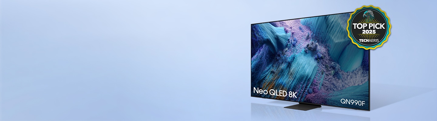 Un QN990F Neo QLED 8K con el logotipo de SELECCIÓN PRINCIPAL 2025 de TECHAERIS.