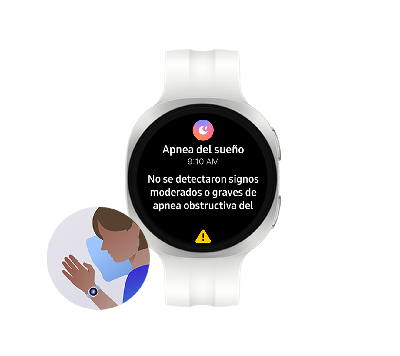 Galaxy Watch9 en color crema con una correa deportiva del mismo color, mostrado de frente, con la interfaz de la función de detección de riesgo de apnea del sueño visible en la pantalla, junto con un ícono de apnea del sueño, la hora y el texto: No se detectaron signos de apnea obstructiva del sueño de moderada a grave. Ícono ilustrativo de una persona que lleva puesto el Galaxy Watch9 en la muñeca mientras duerme, con la función de detección de riesgo de apnea del sueño activada.