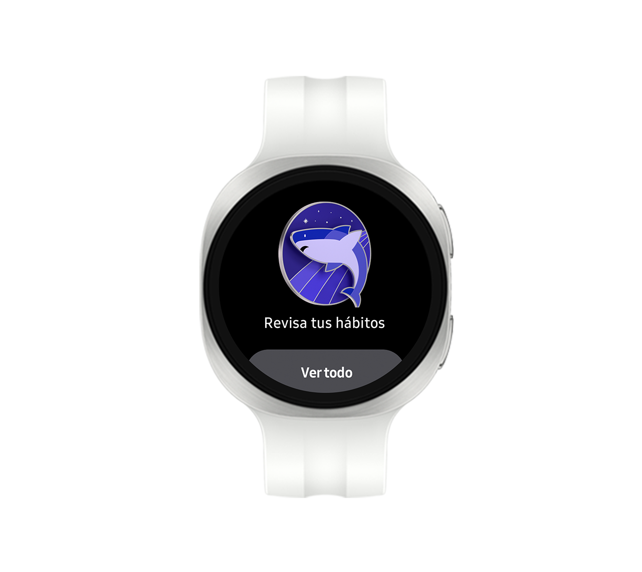Galaxy Watch9 en color crema con una correa deportiva del mismo color, mostrado de frente con la interfaz de asesoramiento para dormir en la pantalla, junto con un ícono con forma de tiburón y el texto Revisa tus hábitos. Ver todo.