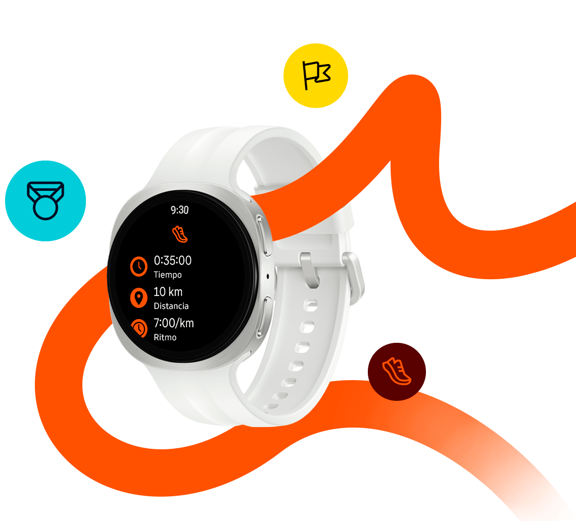 Galaxy Watch9 en Silver con una correa deportiva en Cream. La app de Strava está en pantalla.