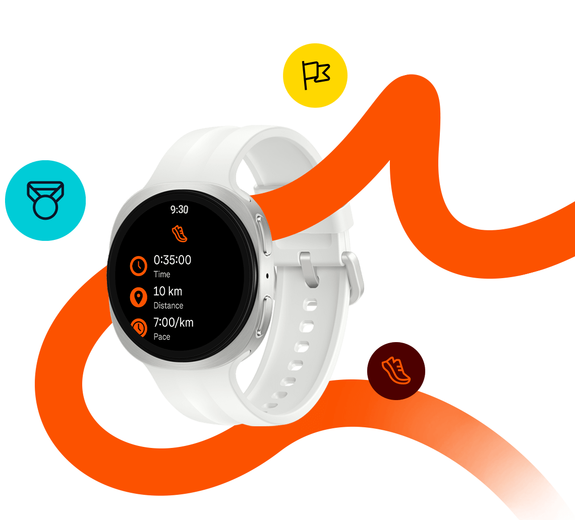 Galaxy Watch9 en Silver con una correa deportiva en Cream. La app de Strava está en pantalla.