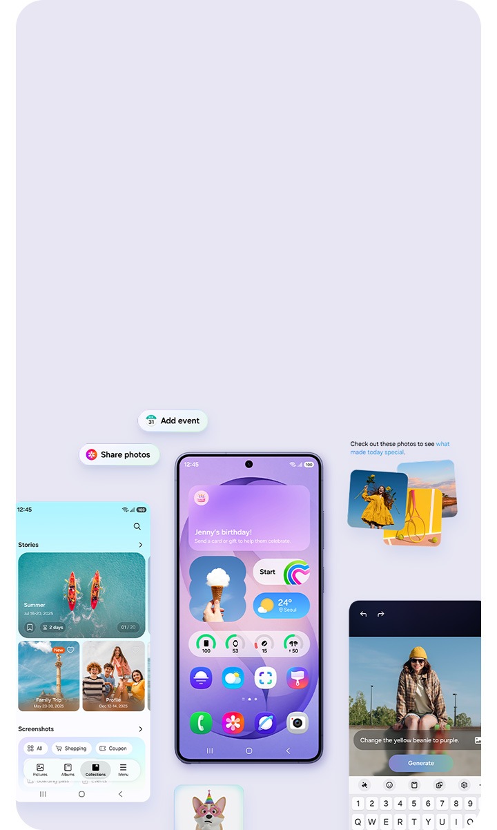 Un smartphone Galaxy S26 Ultra en el color Violeta cobalto muestra una variedad de aplicaciones y widgets en la pantalla de inicio. El smartphone está rodeado de varias otras pantallas y widgets que muestran las diferentes funciones y actividades que se pueden realizar con un smartphone Galaxy.