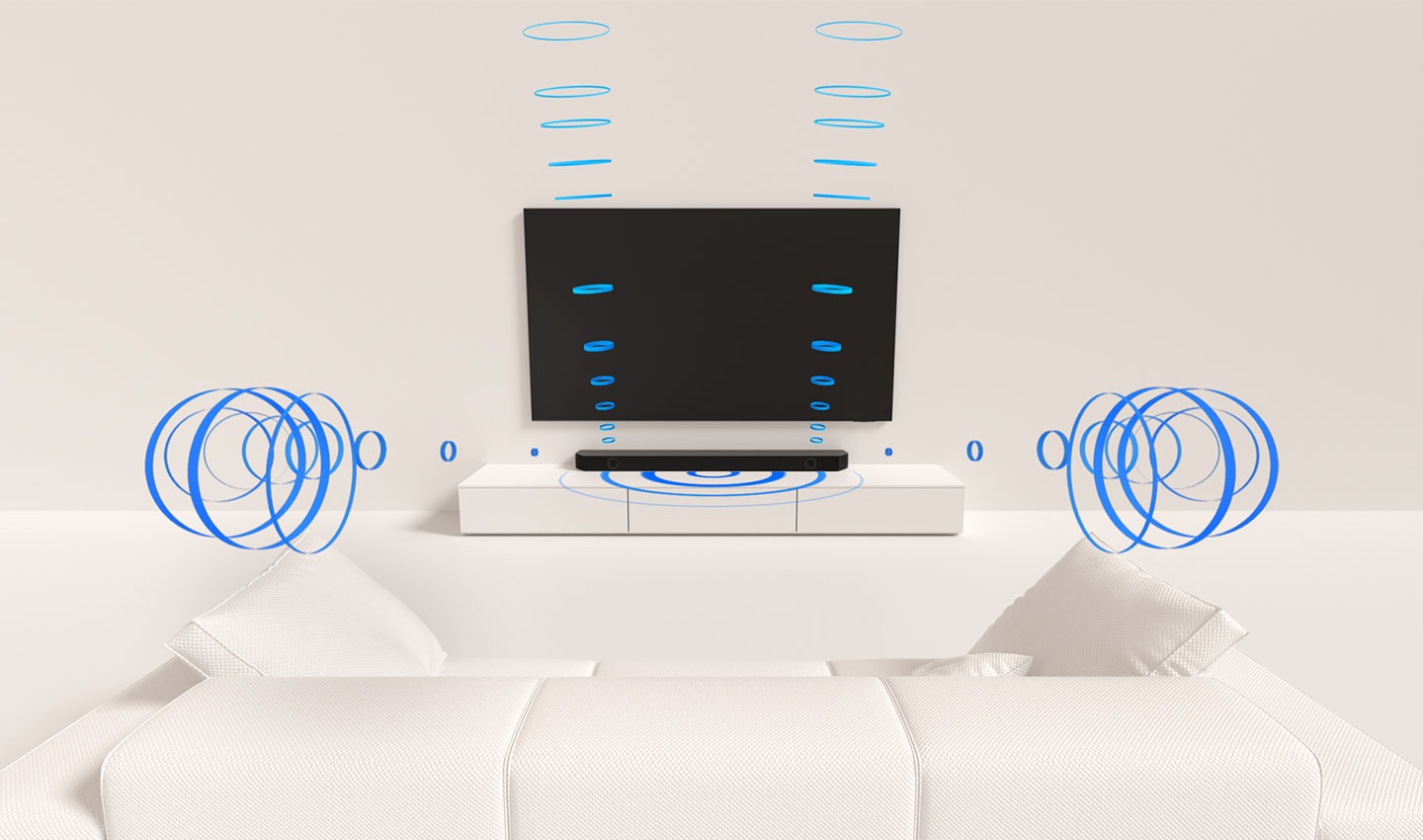 Hay una barra de sonido colocada en una consola debajo de un TV. Las ondas sonoras provienen de la barra de sonido: tres se proyectan hacia adelante y dos se proyectan hacia arriba.