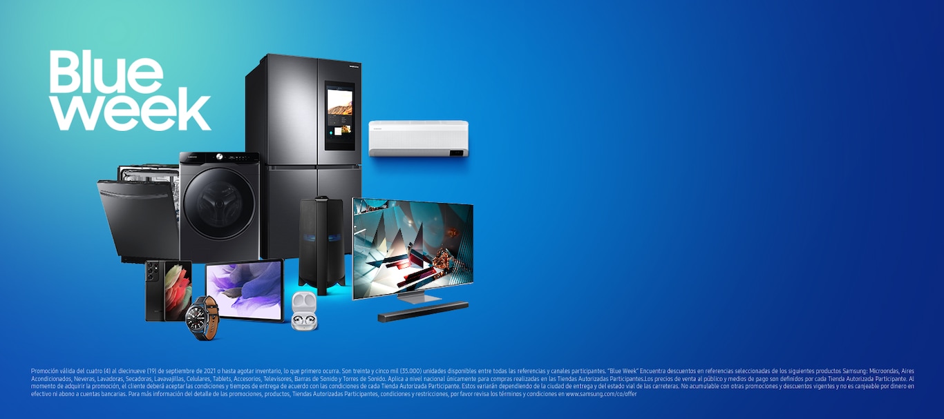 En un Fondo azul Samsung se presenta un bodegón de productos samsung de diferentes unidades, celulares, tablets, relojes inteligentes, lavadoras, lavavajillas, nevera, barra de sonido y aire acondicionados en marco de la campaña blue week