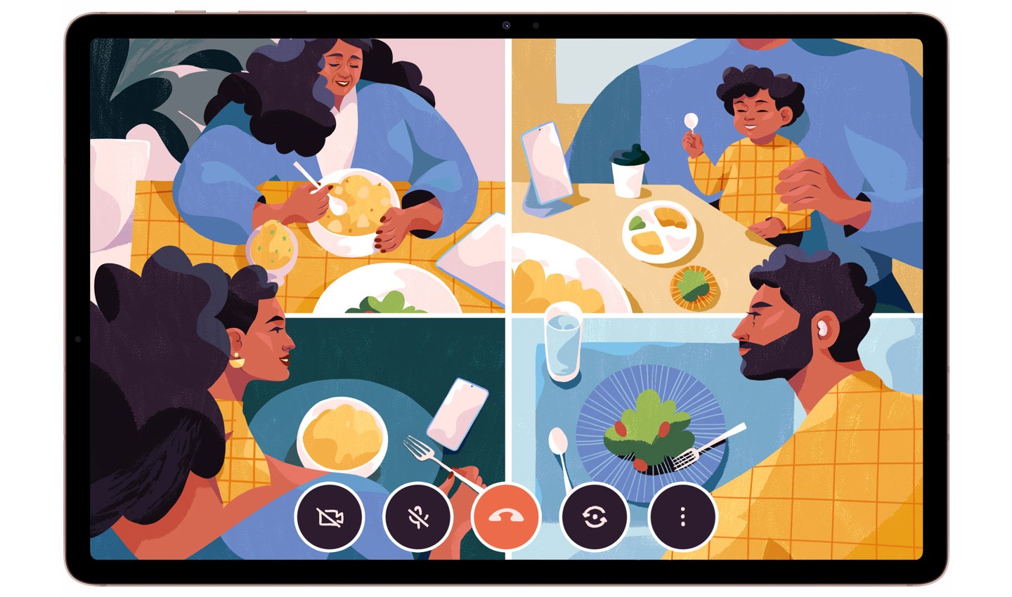 Una ilustración de un chat grupal familiar, transmitido en una Galaxy Tab S7. La pantalla se divide en cuatro cuadrículas, con la madre en la cuadrícula inferior izquierda, el padre en la cuadrícula inferior derecha, la abuela en la cuadrícula superior izquierda y un niño en la cuadrícula superior derecha. Están teniendo una cena virtual a distancia a través de una videollamada grupal en Google Duo.