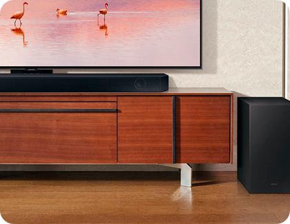 Elegant home entertainment setup featuring a Samsung TV on a wooden media console with a soundbar below and a speaker to the right, enhancing the viewing experience with vibrant flamingo imagery on the screen.