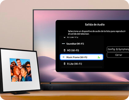 A Samsung TV showing a Samsung Music Frame selected in the Sound Output menu, positioned alongside a Music Frame on a side table.