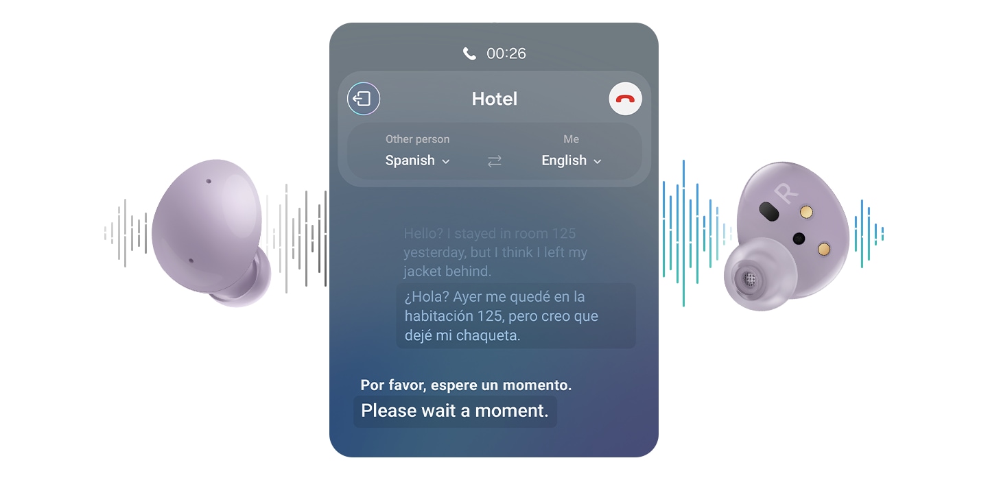 Se pueden ver los auriculares de Galaxy Buds2 en Púrpura. Entre los auriculares se encuentra la GUI de Live Translate. En segundo plano hay ondas sonoras que indican la Traducción en vivo.