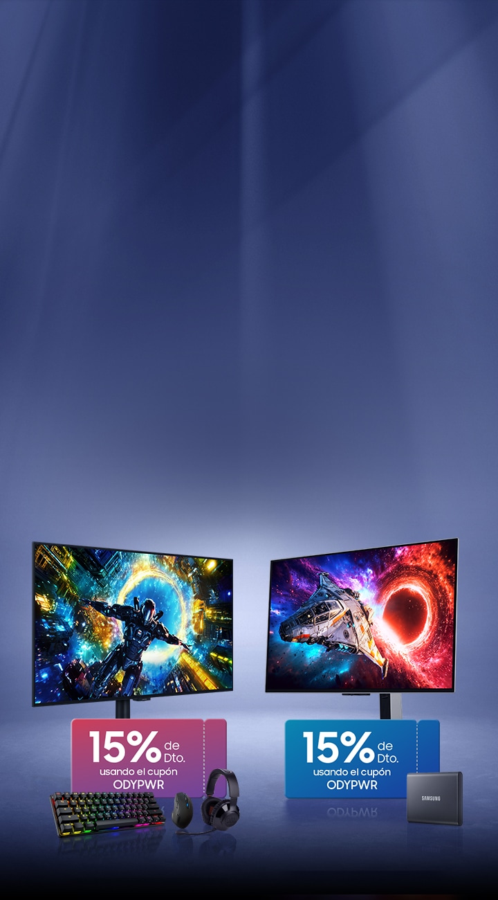 Un monitor Odyssey con auriculares, un mouse y un teclado. Un cupón para regalos gratuitos por un valor de hasta 200 USD. Un monitor ViewFinity con un SSD y un cupón para regalos gratuitos por un valor de hasta 100 USD.
