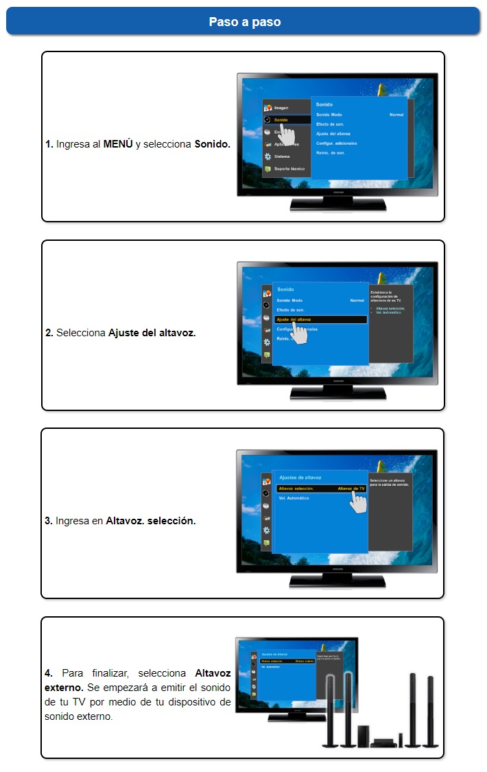 lavanda Aplicando cualquier cosa Samsung TV PN43H4000 - ¿Cómo activar la salida de audio por altavoces  externos? | Samsung CO