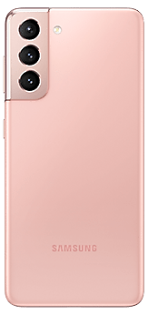 Un Galaxy S21 5G en color rosa fantasma visto desde la parte posterior.