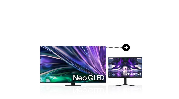 Televisor Smart 55" Neo QLED 4K QN85D en posición frontal con 0% de interés pagando a 3, 6 o 12 cuotas, y Monitor Odyssey de 32" incluido