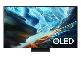 Un televisor Samsung OLED S90H muestra un paisaje abstracto en tonos azules y rojos en la pantalla.