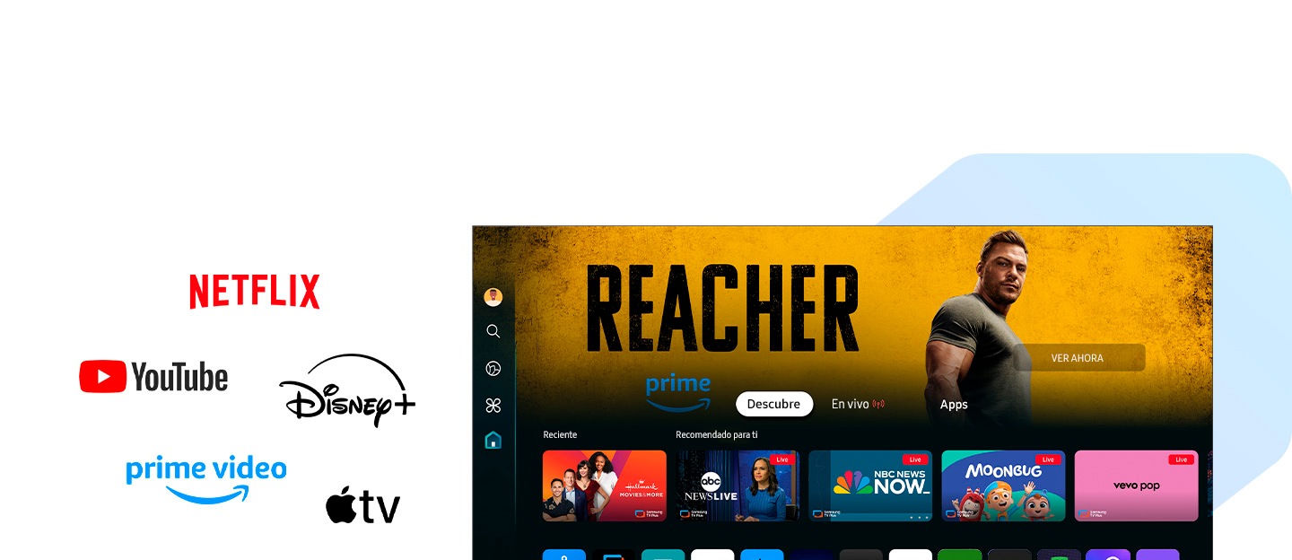 Una pantalla muestra una variedad de programas, películas y aplicaciones populares disponibles en el sistema operativo Tizen de Samsung. Fuera de la pantalla, se muestran varios logotipos de servicios de transmisión populares, incluidos Netflix, YouTube, Amazon Prime Video, Disney Plus y Apple TV. Además, hay logotipos para aplicaciones de juegos como Xbox, NVIDIA GeForce Now, Utomik y Boosteroid.