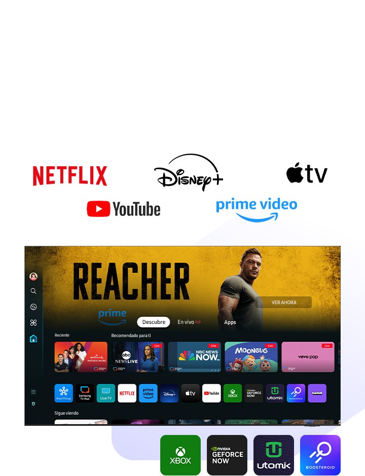 Una pantalla muestra una variedad de programas, películas y aplicaciones populares disponibles en el sistema operativo Tizen de Samsung. Fuera de la pantalla, se muestran varios logotipos de servicios de transmisión populares, incluidos Netflix, YouTube, Amazon Prime Video, Disney Plus y Apple TV. Además, hay logotipos para aplicaciones de juegos como Xbox, NVIDIA GeForce Now, Utomik y Boosteroid.