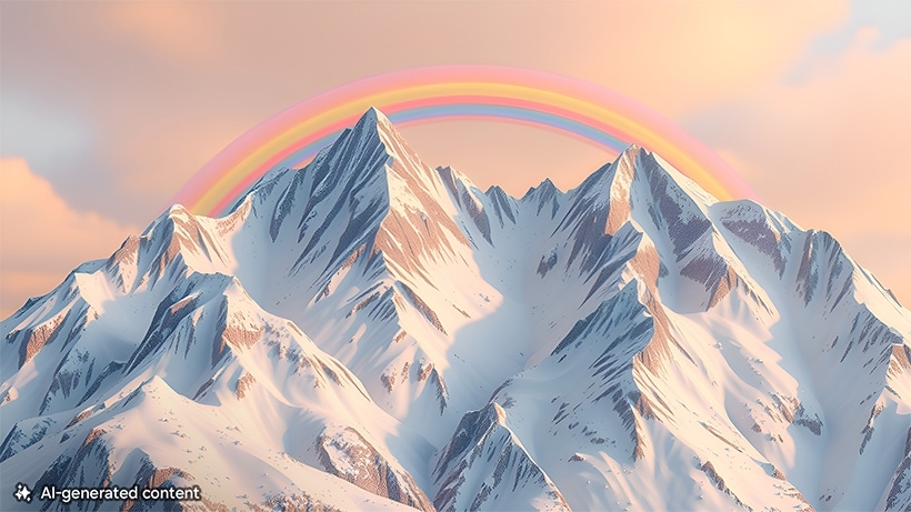 Un arco iris sobre picos montañosos nevados. Una nota en la parte inferior lee el contenido generado por AI.
