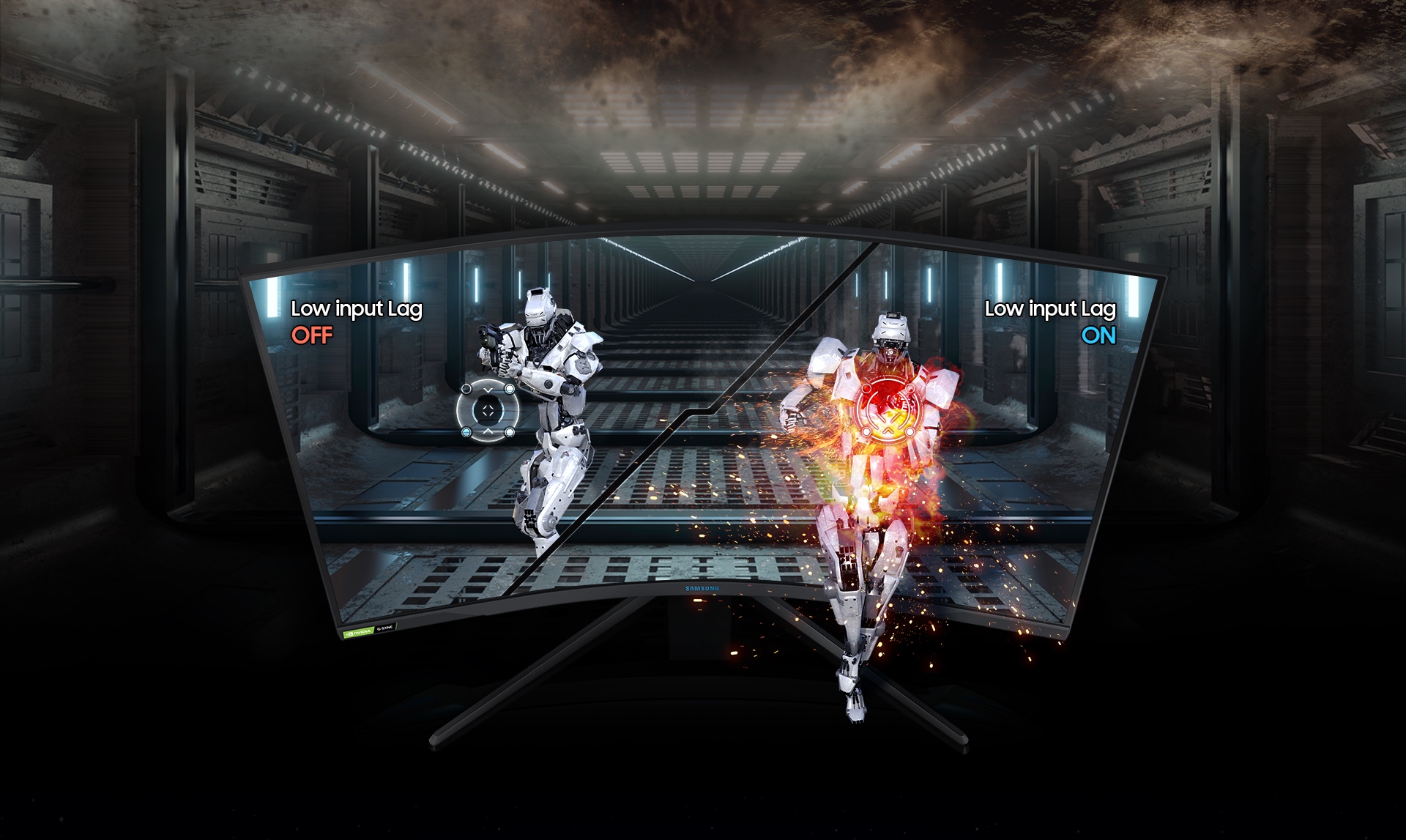 A G75T monitor shows the hallway of a spaceship, which extends off the screen into the background. The screen is split into left and right sides with attacking robots running forward with rifles on each side. On the left, the word “Low Input Lag OFF” is shown while an aiming marker is positioned to the left of the robot. On the right, the word “Low Input Lag ON” is shown while the aiming marker has successfully fired on the robot. 