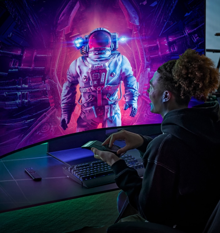 A user sits in front of the Odyssey Ark, controlling the screen with the Ark Dial. On screen an astronaut emerges from a space station.